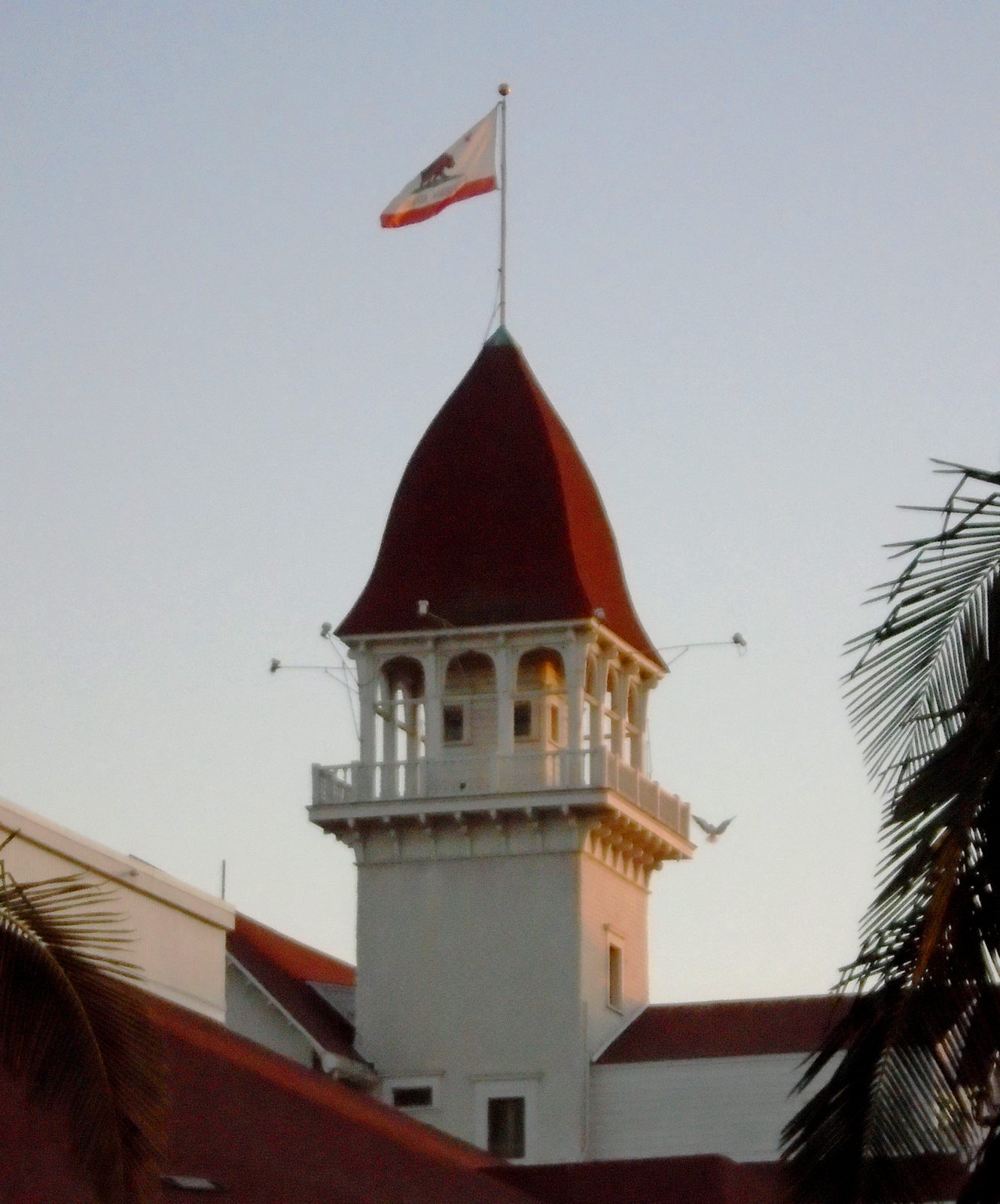 Hotel del Coronado tower silhouetted at dusk