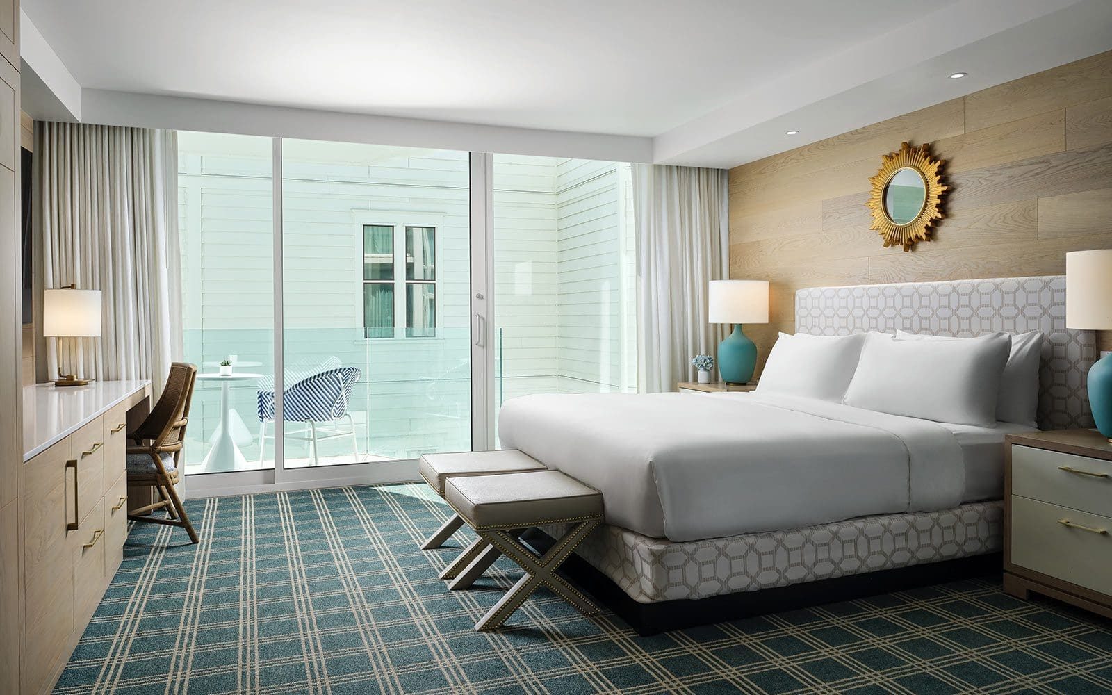 Oceanfront room balcony with beach and palm view at Hotel del Coronado